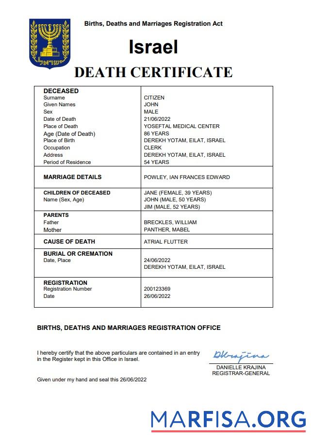 Printable Israel death certificate Word and PDF template